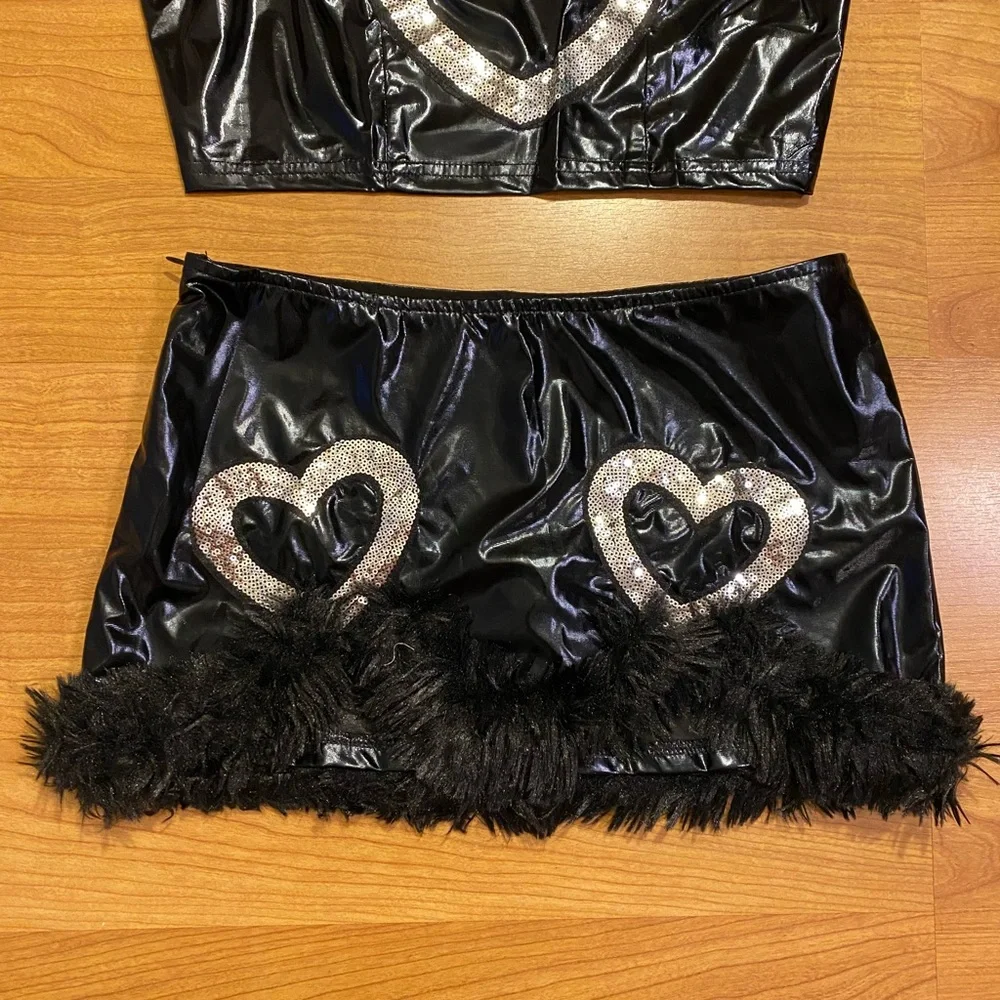 Black Faux Leather & Rhinestone Heart Bandeau Skort Set